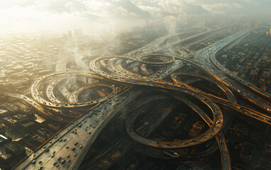 Aerial View of a Dystopian Intertwining Highway Network with Futuristic and Surreal Loops and Intersections Depicting Urban Chaos"