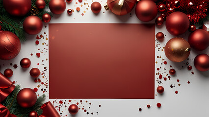 Top view of a vibrant red empty sheet of paper surrounded by festive Christmas decorations, including red ornaments, candles, wrapped gifts, and scattered confetti, all arranged on a clean white table