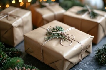 Handcrafted gifts wrapped in brown paper with festive decor