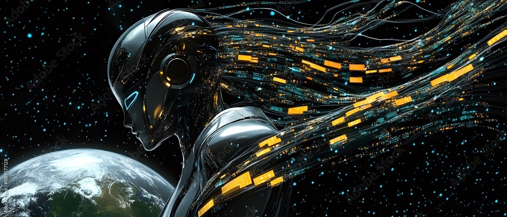 Poster a futuristic humanoid figure with luminous hair composed of digital data streams, set against the ba