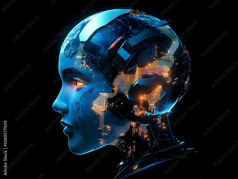Poster Futuristic Portrait of a Cybernetic Human with Neon Circuitry and Luminous Elements Representing Technology, AI, and Innovation in a Dark Setting