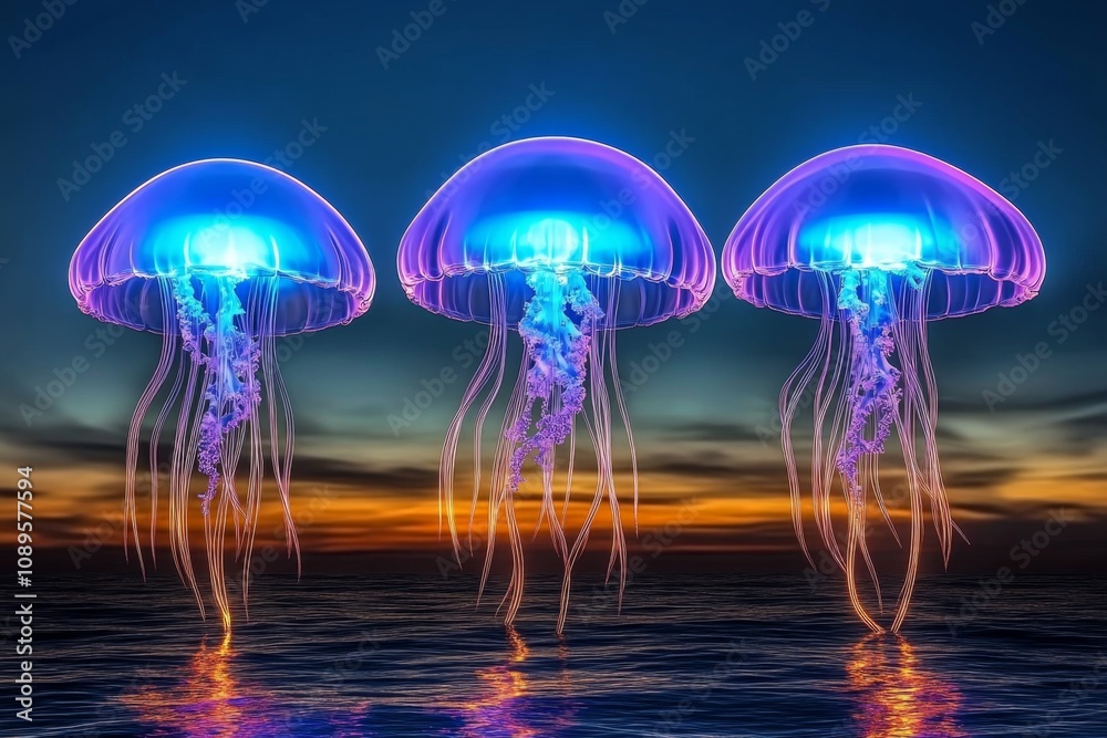Poster alien resembling a jellyfish floating above the ground, emitting soft glowing light