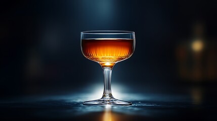 An elegant, dark-themed photo of a glass of deep amber liqueur, surrounded by shadows, illuminated by a single, dim light source,