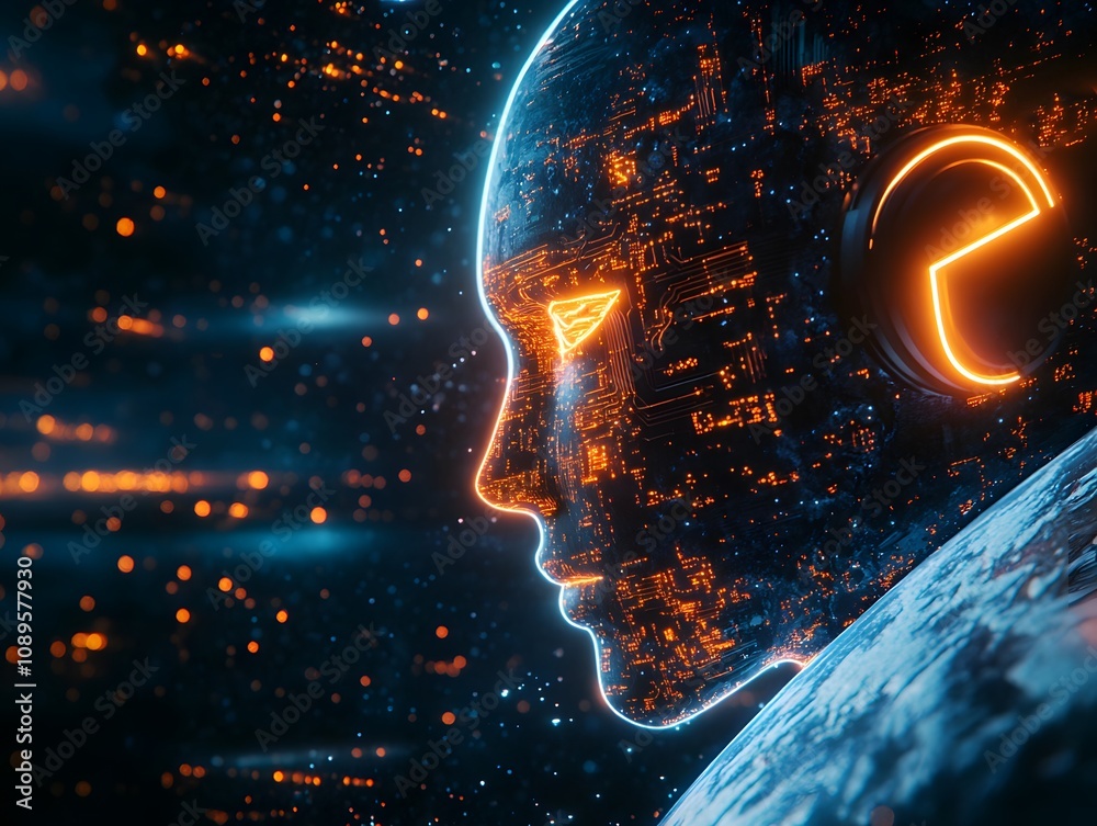 Aufkleber Futuristic Profile of a Cybernetic Head Surrounded by Data Streams and Cosmic Elements Representing Advanced Technology in Space Exploration