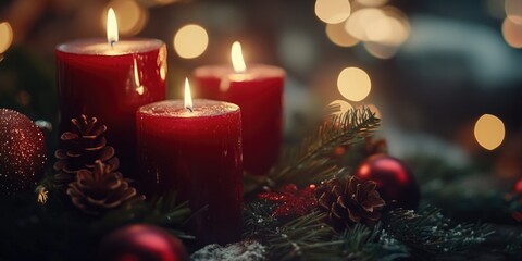 Three red candles placed on a table, suitable for use in decorative or symbolic contexts