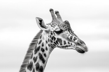 Naklejka premium A close-up image of a giraffe's head and neck in black and white, ideal for use as a illustration or design element