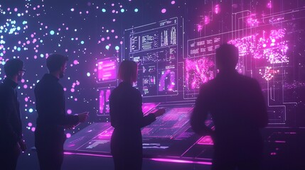 Glowing Sales Professionals Analyzing Real Time Customer Data for Tailored Business Pitches on Futuristic Sales Platform