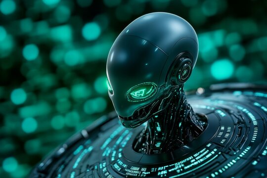 Alien surrounded by a futuristic laboratory filled with holographic technology and alien artifacts