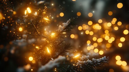 Naklejka premium Snow Covered Tree Branch With Warm Lights