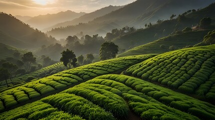 Obraz premium A tranquil scene of expansive tea fields with bright green foliage, the gentle undulations of the land leading toward distant hills, under a soft blue sky with scattered clouds.