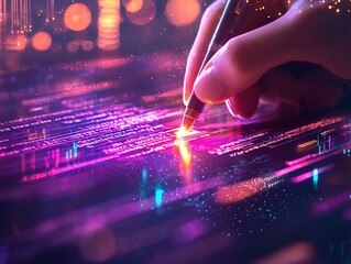 Glowing Virtual Sales Contract Signing in Futuristic Business World