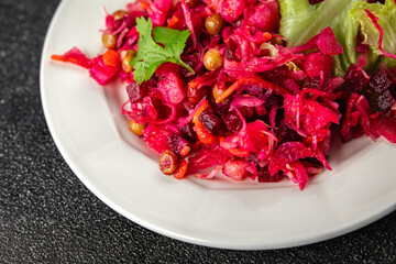 beet salad Baked beetroot, potatoes, green peas, green leaf salad tasty food dish Fresh gourmet food background on the table rustic food top view copy space top view keto and paleo diet Vegetarian