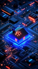 A glowing blue digital interface featuring a house icon surrounded by smart home controls like lighting, security, and temperature.