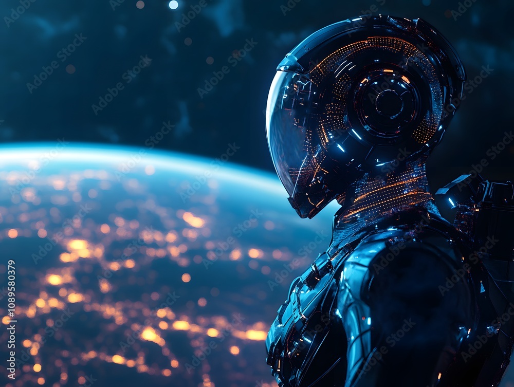 Poster futuristic astronaut gazing at a breathtaking view of earth from space, illuminated by city lights a