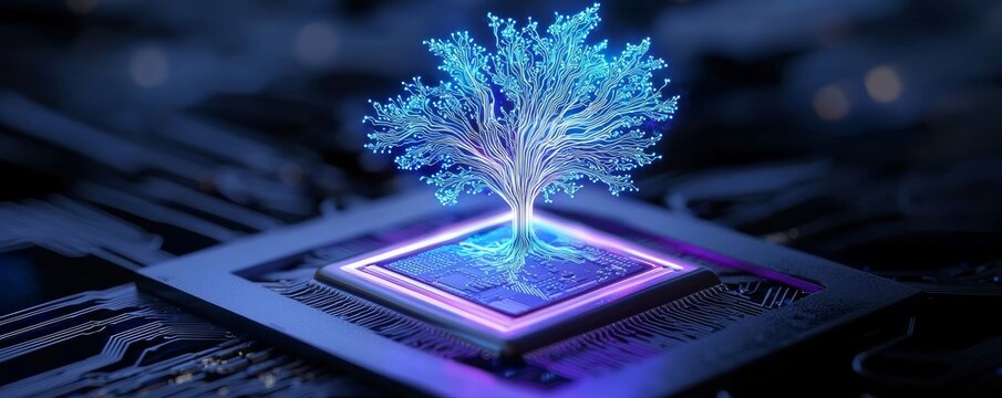 A glowing circuit tree growing from a central microchip, with neon lights highlighting its digital pathways.