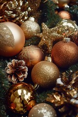 Close up view of a group of Christmas ornaments on a table or shelf
