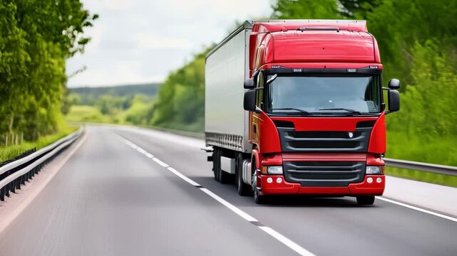 A truck drives along the road against the backdrop of a colorful summer landscape. Cargo transportation. Logistics and economics. Cargo delivery business