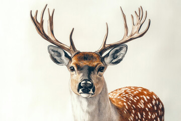 a beautiful deer with large branched antlers standing on a light background. 