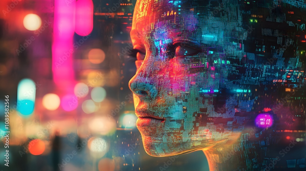 Poster Futuristic Digital Portrait of an Abstract Female Face with Neon Lights and Data Patterns on a Vivid City Background, Representing Technology and Innovation