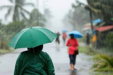climate change typhoon and rainfall. Rainy day with umbrellas on a street.