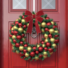 wreath made of baubles with red bow hanging on traditional red door Christmas