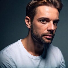 Fototapeta premium a 30 yr old attractive caucasian man, disgusted expression, shadow play, ultra-realistic, detailed face, futuristic look