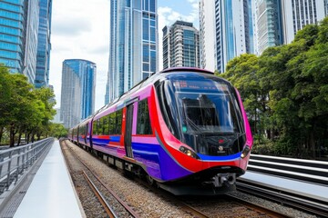 Naklejka premium Bangkok's high-tech BTS Skytrain passing through skyscrapers alongside Ayutthaya's elephant rides near ancient temples