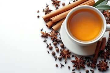 a cup of tea with a rich amber color, standing on a white surface. Next to the cup are spices: cinnamon sticks, star anise, cloves and allspice berries. 
