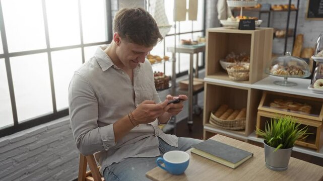 Young man smiling while using smartphone in a cozy bakery shop with shelves of assorted pastries and bread in the background