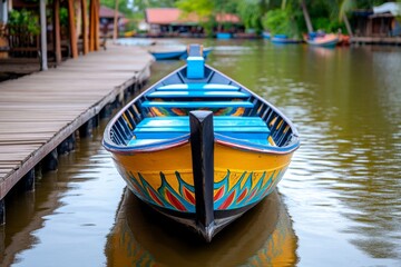 Obraz premium Bangkok's modern malls and shopping districts fading into Ayutthaya's floating market with traditional wooden boats and colorful goods