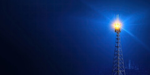 Bright telecommunication tower with antennas for 5g mobile internet network with emitting light at night with blue sky background, technological advancement in communications in urban areas