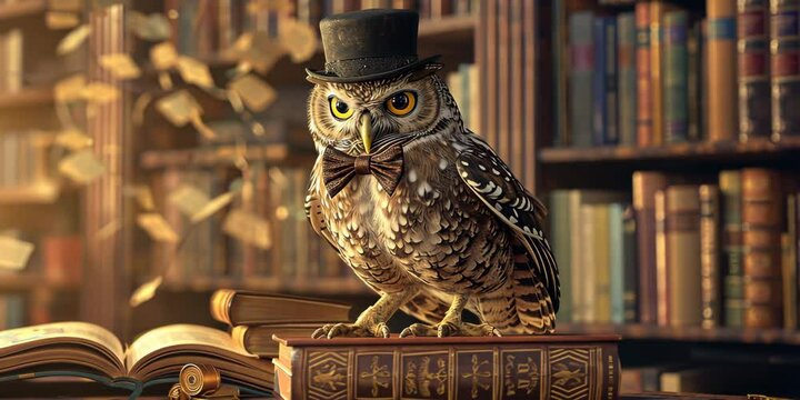 Elegant owl wearing a bowtie and top hat, perched on a vintage bookshelf in a cozy library, books and scrolls scattered around, 4K Video