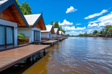 Obraz premium Bangkok luxury riverside hotels paired with Ayutthaya traditional wooden guesthouses on stilts over water