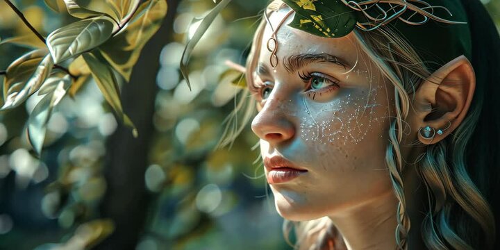 Charming elf with pointed ears in a mystical forest, 4K . Video