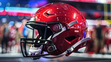 Fototapeta premium A football helmet on display at a sports convention or exhibition
