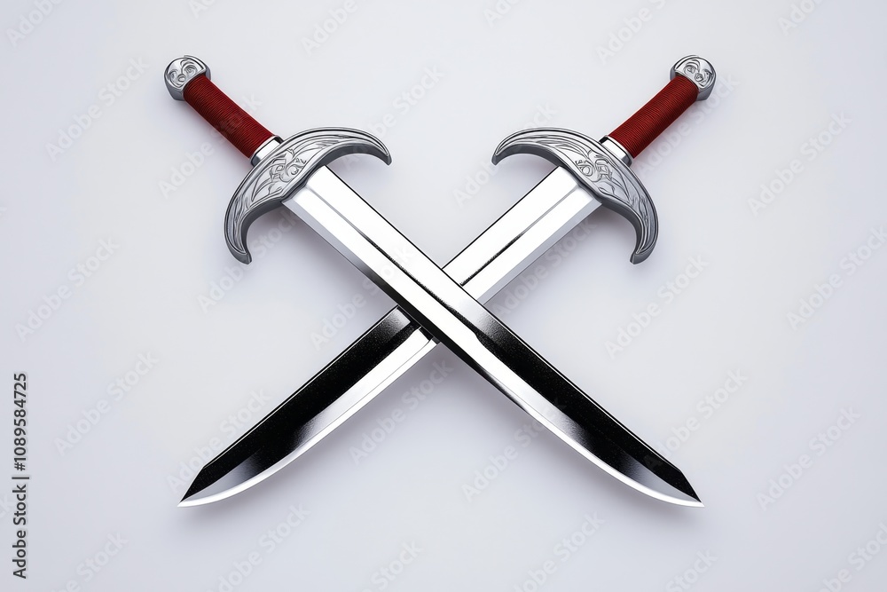 Poster clean design of dual swords crossed akimbo, with sharp, sleek lines and a monochromatic palette