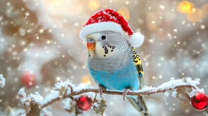 Obraz premium Festive Budgie Perched On Snowy Branch Wearing Santa Hat