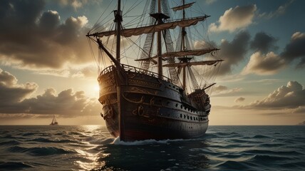 Fototapeta premium A majestic galleon sails across the ocean at sunset, with another ship in the distance.