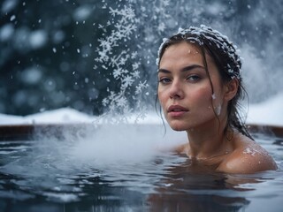 Fototapeta premium A woman bathing in a wooden tub outdoors in the cold, surrounded by snowy mountains, creating a unique contrast of warmth and winter's chill