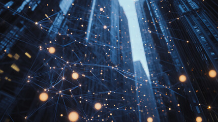 Fototapeta premium Smart digital Innovation Business skyscrapers in the Financial District with connection network reciprocity over the cityscape. of future smart wireless digital city and social media networking