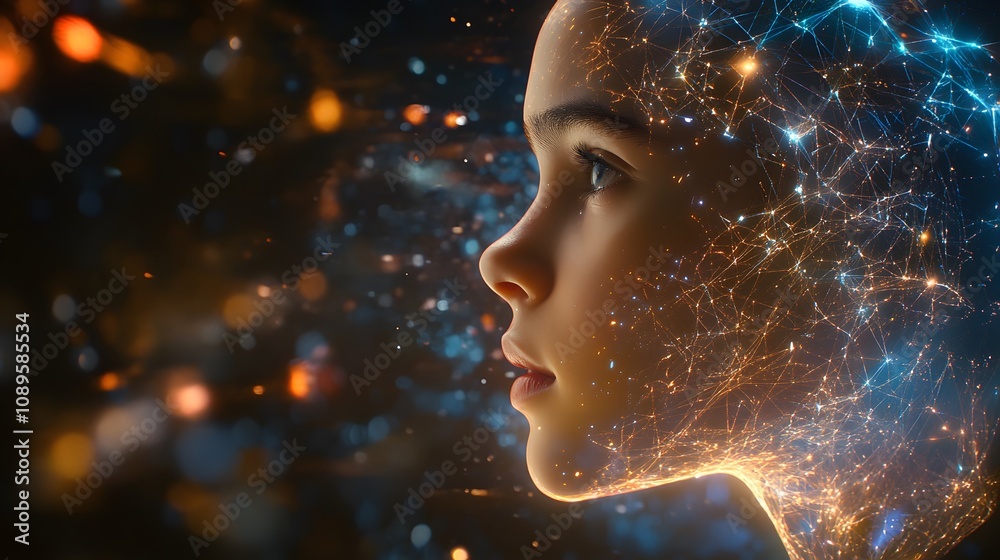 Aufkleber Enigmatic Portrait of a Young Girl with a Cosmic Flow of Light and Energy Representing Imagination and Awareness in a Dreamlike Setting
