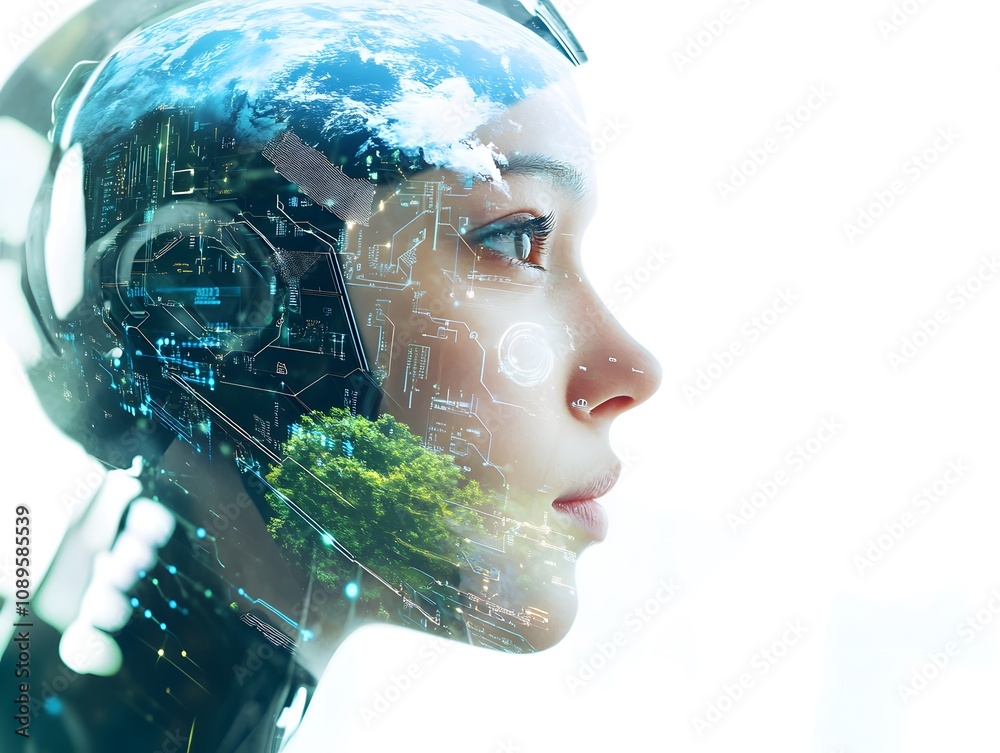 Poster Futuristic Female Robot with Earth Overlay Symbolizing Technology and Nature Integration in Digital World for Environmental Sustainability Concepts
