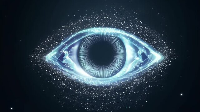 High-tech digital eye surrounded by floating particles, creating a futuristic and mysterious look