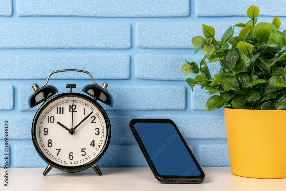 Poster Clock alarm vibrating on a desk, with a smartphone lying next to it showing the same time