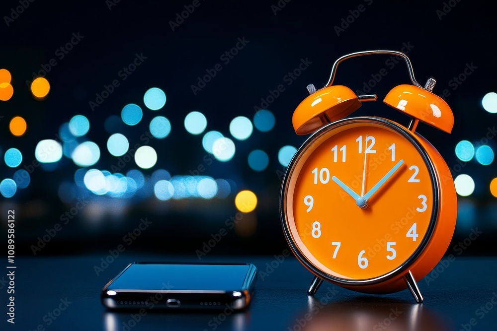 Poster Clock alarm vibrating on a desk, with a smartphone lying next to it showing the same time
