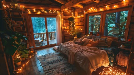 A cozy bedroom adorned with warm lights, surrounded by nature, creating a peaceful and inviting atmosphere.
