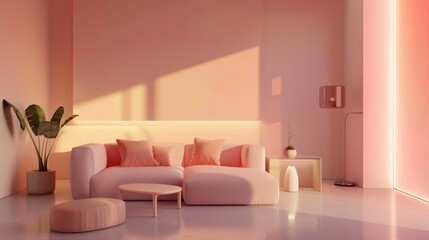 A minimalist living room with pastel furniture and decor, featuring a single pop of color on a neutral background