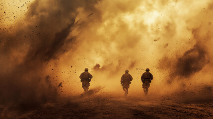 Fototapeta premium Soldiers in Desert During Dust Storm