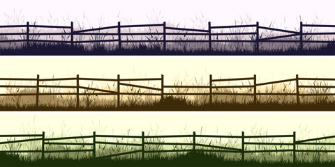 Meadow silhouettes with grass and old wooden fence. Countryside, panoramic summer lawn rural landscape with herbs, weeds. Herbal border, frame element. Brown horizontal banners. Vector illustration