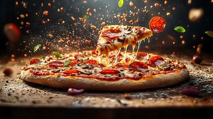 A dynamic burst of pizza toppings mid-air, with a cheesy slice suspended, pepperoni, mushrooms, red onions, and olives scattering apart, bright vibrant colors, cinematic backlighting,